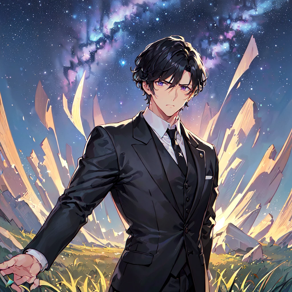 masterpiece,best quality,high quality,(1 male austere handsome solo adult age 30 years old:1.5), purple eyes, cool with suspended eyes, V-shaped eyebrows, body strong and fearless 8.5 head tall, height 185cm, (well-groomed black short hair:1.5), (bangs in three (black suit, black tie and black pants: 1.3), (standing: 1.3), (stylish pose), (cool sad expression: 1.3), (background grassland: 1.3) , (Milky Way Night Sky: 1.3) , (upper body:1.3)