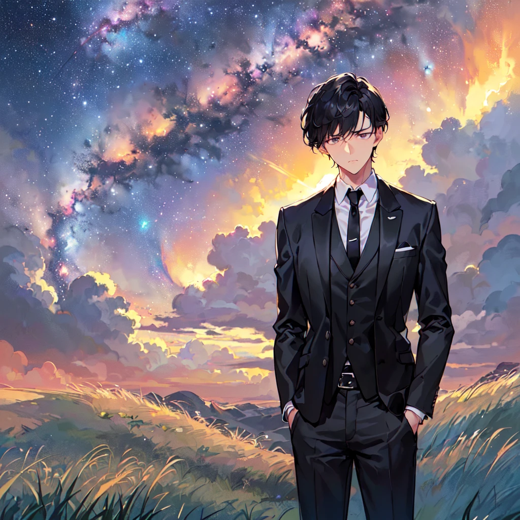 masterpiece,best quality,high quality,(1 male austere handsome solo adult age 30 years old:1.5), purple eyes, cool with suspended eyes, V-shaped eyebrows, body strong and fearless 8.5 head tall, height 185cm, (well-groomed black short hair:1.5), (bangs in three (black suit, black tie and black pants: 1.3), (standing: 1.3), (stylish pose), (cool sad expression: 1.3), (background grassland: 1.3) , (Milky Way Night Sky: 1.3) , (upper body:1.3)