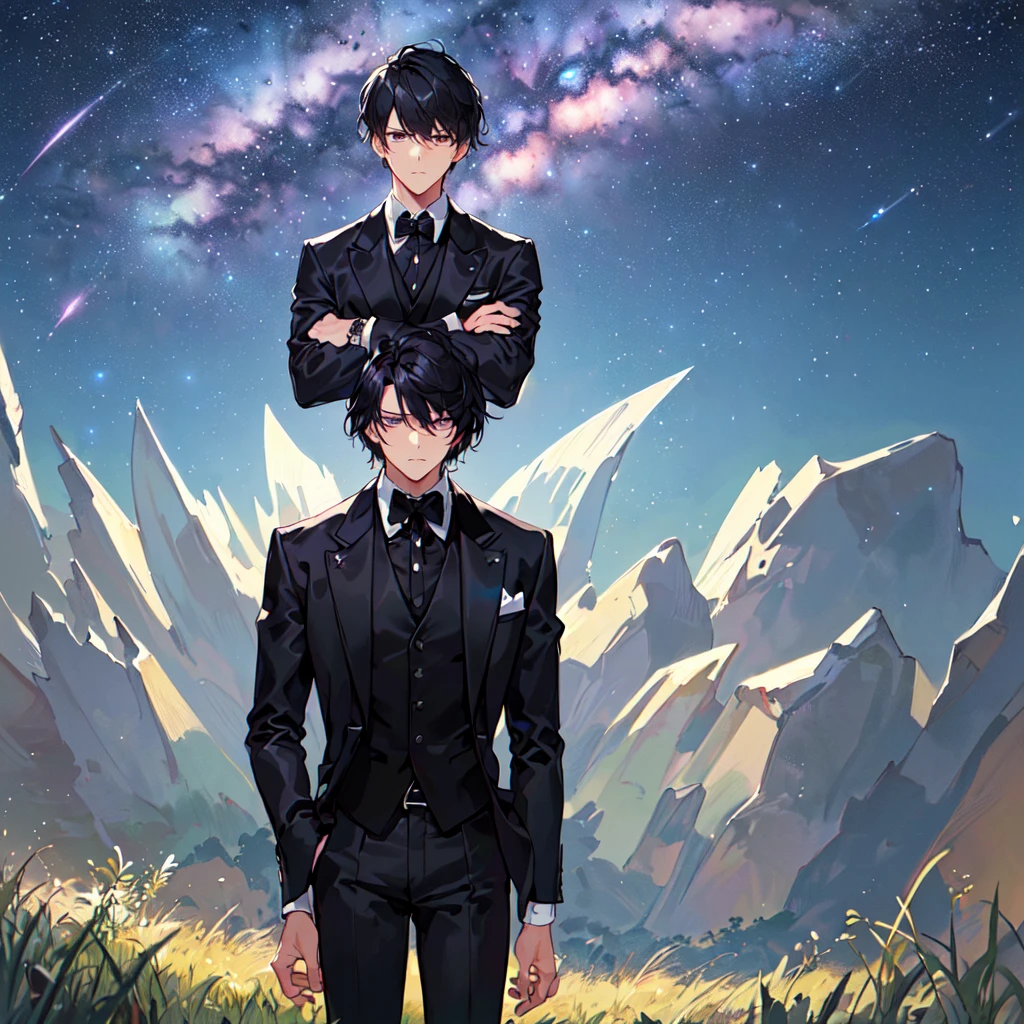 masterpiece,best quality,high quality,(1 male austere handsome solo adult age 30 years old:1.5), purple eyes, cool with suspended eyes, V-shaped eyebrows, body strong and fearless 8.5 head tall, height 185cm, (well-groomed black short hair:1.5), (bangs in three (black suit, black tie and black pants: 1.3), (standing: 1.3), (stylish pose), (cool sad expression: 1.3), (background grassland: 1.3) , (Milky Way Night Sky: 1.3) , (upper body:1.3)