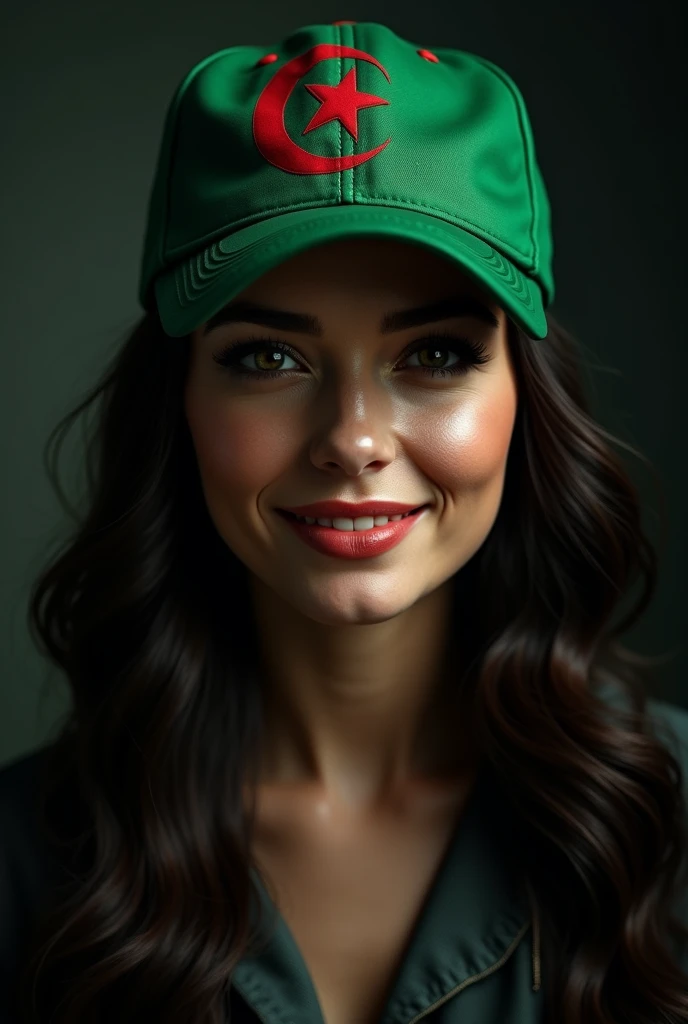 Woman wearing a baseball cap with the Algerian flag, (front focus)، (in the dark: 1.6)، صورة واقعية للغاية، ديفيد هوكني وألفونس موتشا، الفن الخيالي، ابتسامة ، صور واقعية، إضاءة ديناميكية، محطة فنية، ملصق، إضاءة حجمية، إضاءة جانبية، وجوه مفصلة للغاية، 4K، حائز على جوائز، امرأة واحدة in the dark، ظل عميق، مفتاح منخفض،