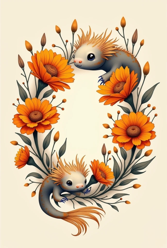 I want a tattoo image that is a bracelet of marigold flowers and axolotls