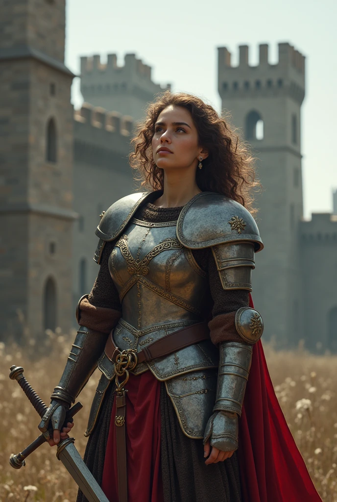 A medieval warrior woman with medium curly hair, brown girl sending a kiss to someone