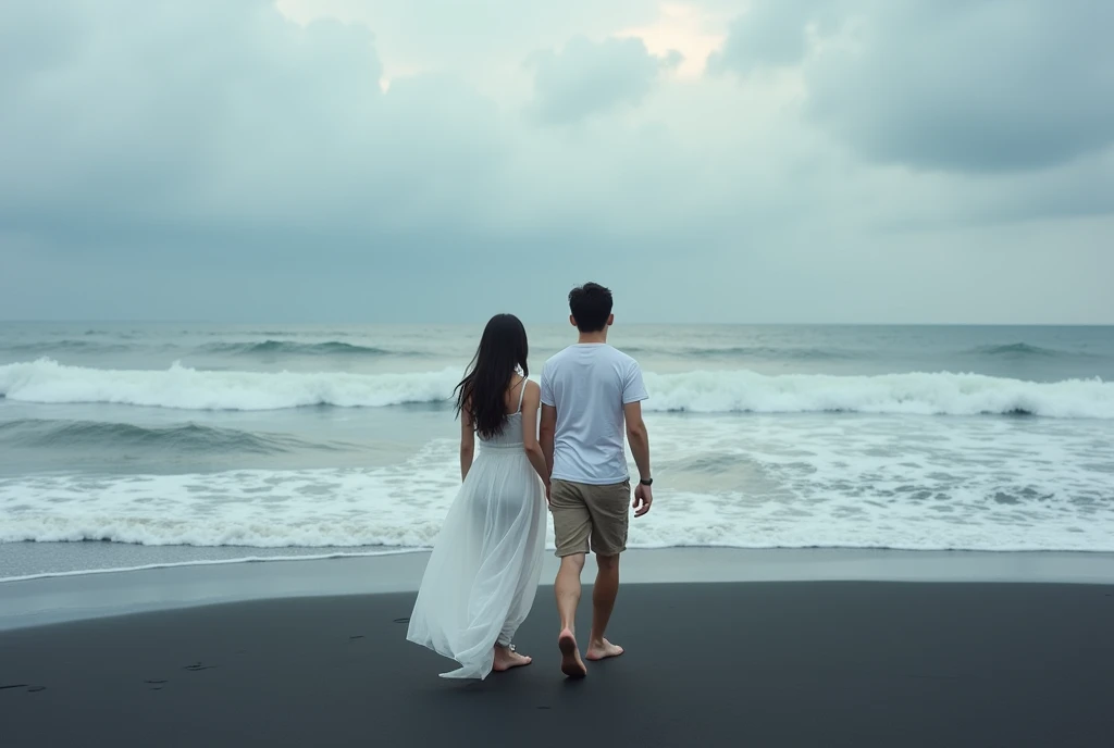 High Resolution, Masterpiece, Accurate, Best Quality, Detail, High Quality, realistic photo. A young 20 years old asian women, long dark hair, white skin, wearing a white long dress, height: 155 cm, weight: 45 kg. A 2 man, short hair, white skin, wearing a white t-shirt, height: 160 cm, weight: 55 kg. They are walking on a black sand beach. The man is wearing a white shirt and khaki shorts, while the woman is in a white dress. They are walking towards the ocean, with the waves crashing onto the shore. The sky is cloudy and the horizon is visible in the background. The couple appears to be in a peaceful and serene mood. The overall mood of the image is romantic and intimate.

