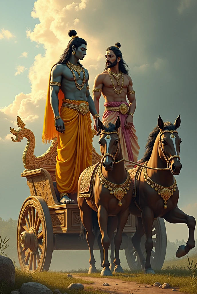 Lord krishna and arjuna are standing onchoriot