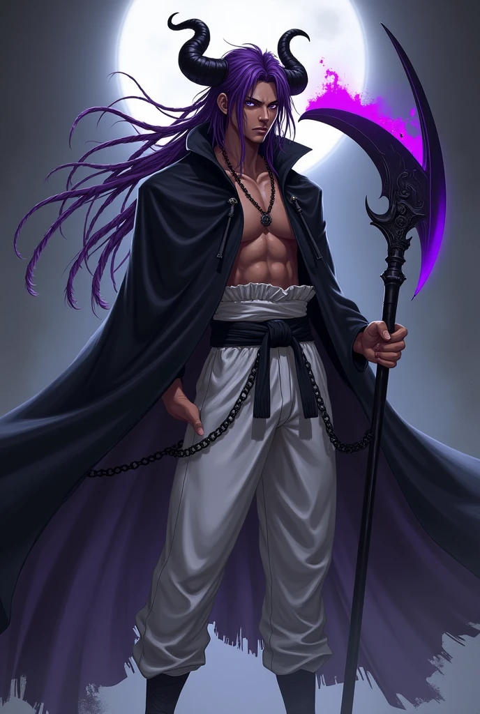 anime boy (dark fantasy) with purple dreads, purple eyes, brown skin, black horns and a black cloak and white martial arts pants  with black chains around him as he holds a purple scythe (full body)