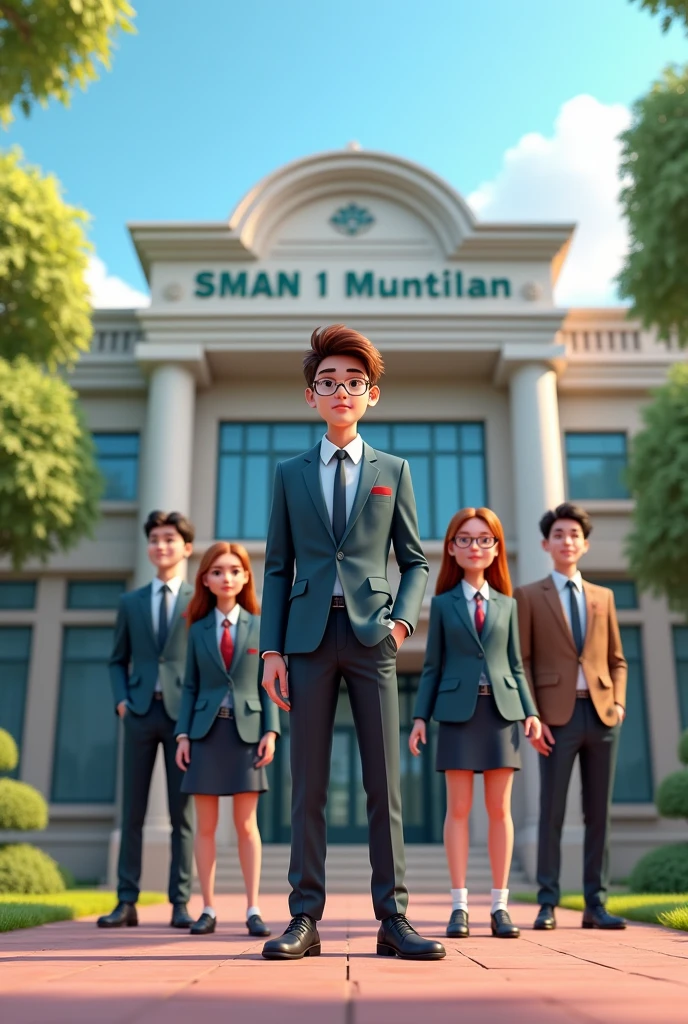 3D image of SMAN 1 MUNTILAN with students who look smart and dashing. The school is visible with the words SMAN 1 MUNTILAN written on it.