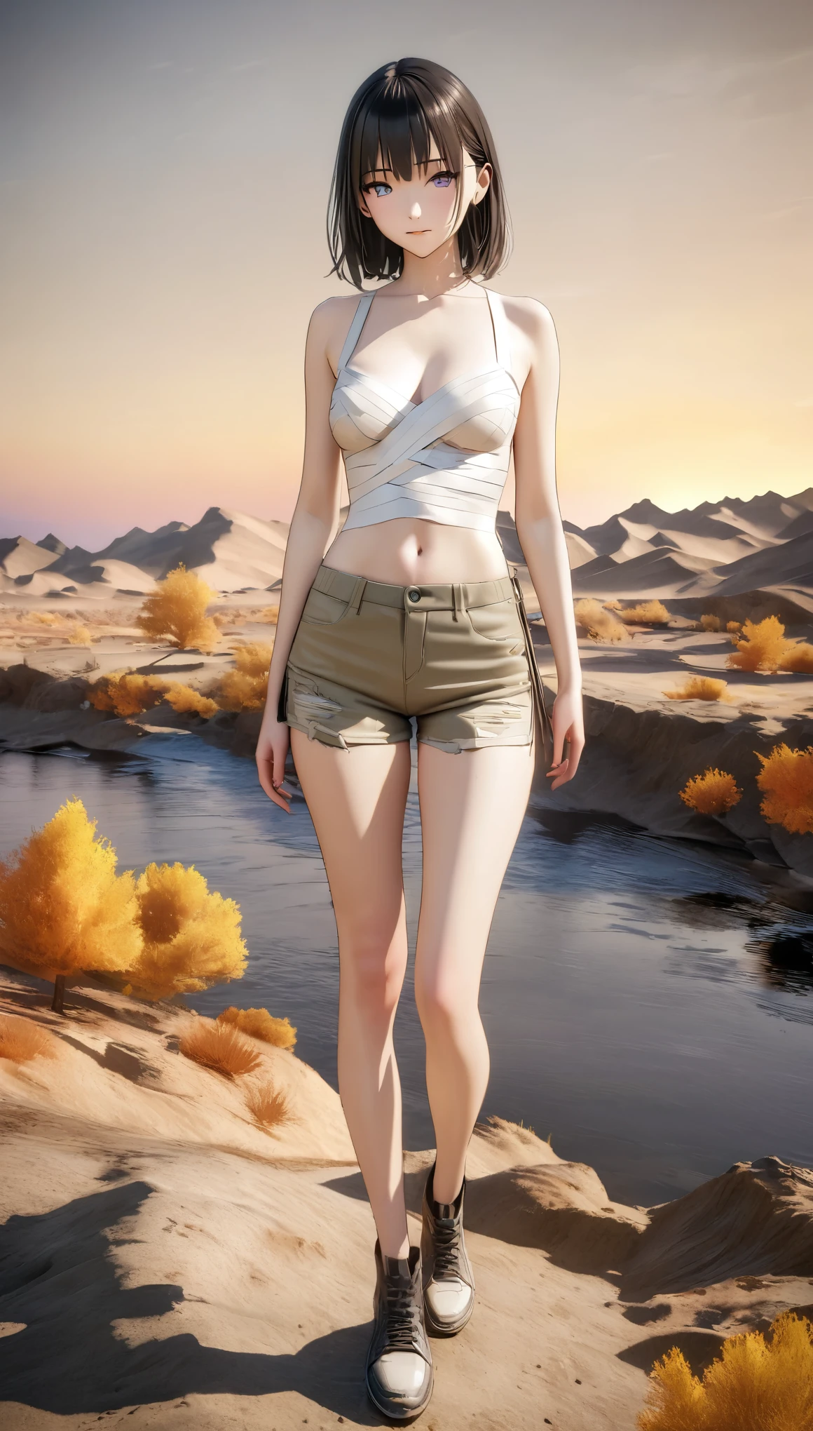 DIY16,best quality, 超HD, masterpieces, 8K, Practical, Anime style, 3D Rendering,masterpiece,need,lifelike,Bare lower abdomen,Sexy,bandage,Layering,Hollow,Full body image,Feral,Khaki washed distressed shorts,Black hair,Open shoulders,Layering,Long legs,,Wasteland Punk Style,desert,The details of wind and dust are complex,,HD,Photography Lighting,16K(Pond in the evening:1.2), (8K, best quality, masterpiece:1.2), (Ultra-high resolution:1.0), Extremely bright design, Soft colors, (ink:1.3), Autumn Lights, High Detail, dramatic, photoPractical painting art