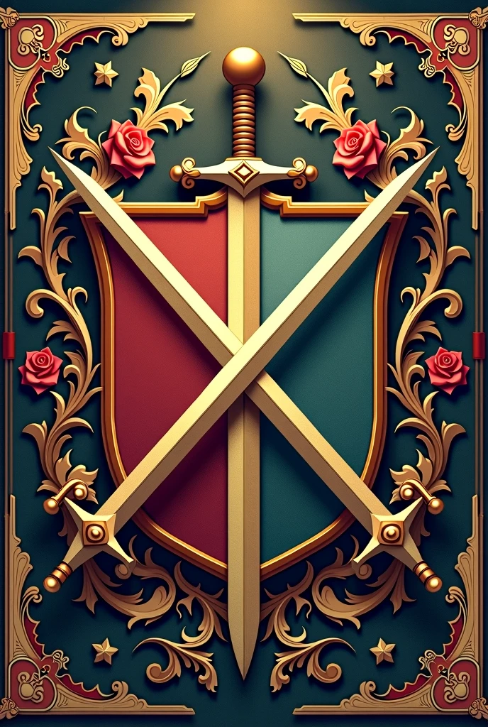 a coat of arms of a god representing justice, loyalty and strength with two swords forming an X, Without showing any human being