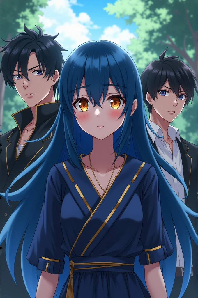 Dark Blue hair and golden eyes anime girl with two men walking