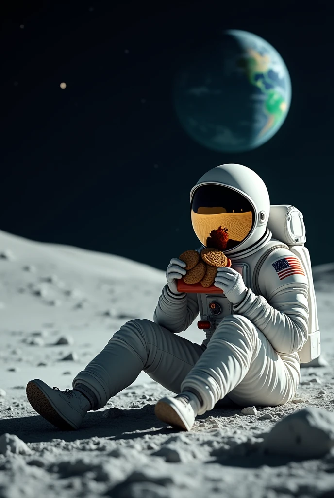 A man on moon eating cookies