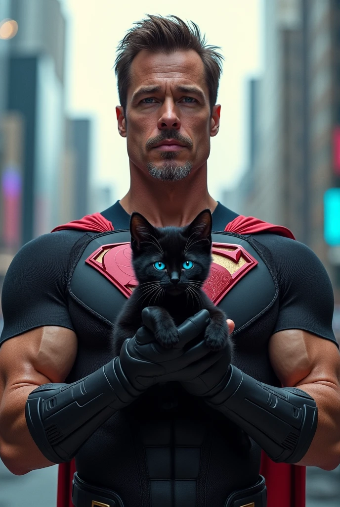 a superhero  similar to  Brad Pitt  holds in his hands a small black kitten with blue eyes