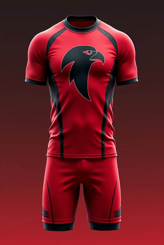 Complete volleyball team uniform, in red with black hawk logo