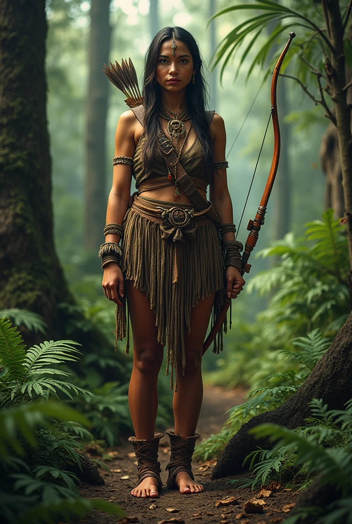 (photorealism 1:2) full body indigenous woman, holding bow and arrow in the woods. show this woman's feet