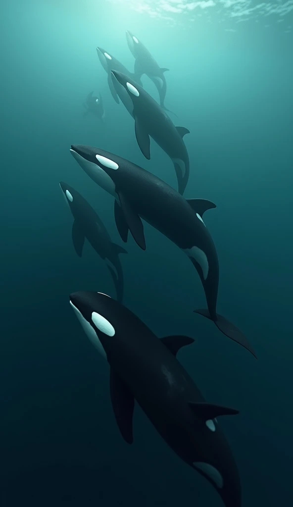 A group of orcas, modern day, in their natural habitat, coordinated and synchronized, underwater, the orcas swim together in a precise formation, ocean depths in the background, medium shot, hyper-realistic, photo realism, cinematography --ar 9:16.