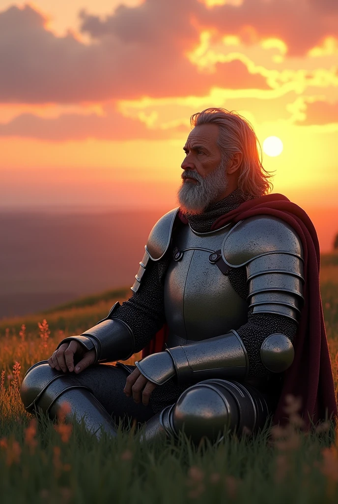 A knight in full worn medieval armor sits alone on the grass looking at the sunset
