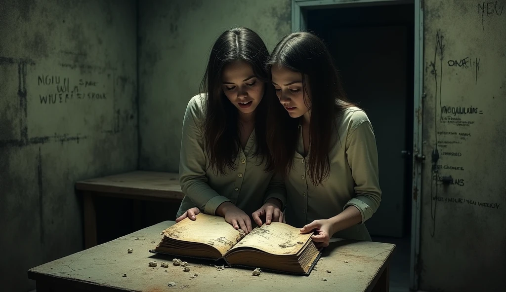 "A small, dimly lit hidden room, with walls covered in scratched messages and eerie carvings. In the center of the room, an old, decaying diary lies open on a dusty table. Two young women stand close together, reading the diary with expressions of shock and horror. The room feels frozen in time, with an oppressive atmosphere that hints at the tragic events that once took place there."