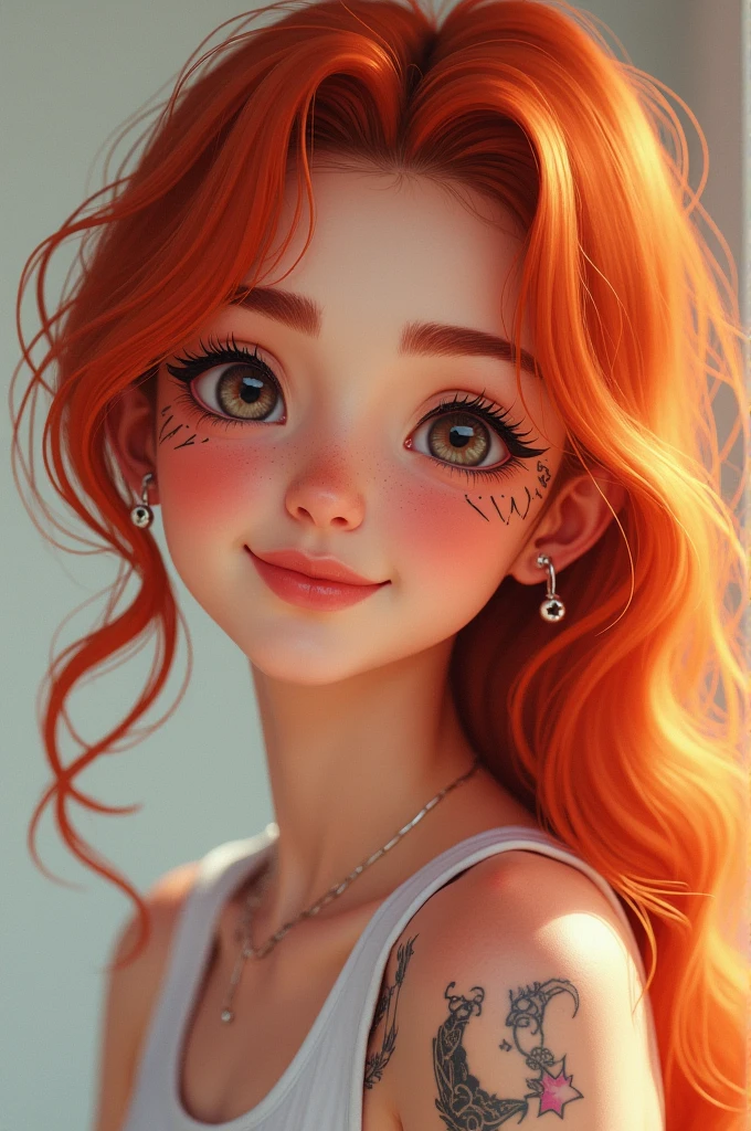 17 year old girl, smiling, friendly, redhead, with freckles, eyes of different colors, one gray and one green, with a gray sweatshirt, with a dreamy and friendly look 