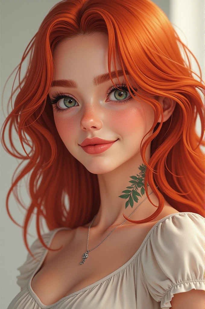 A cheerful girl with red hair, tattoo, looks straight 