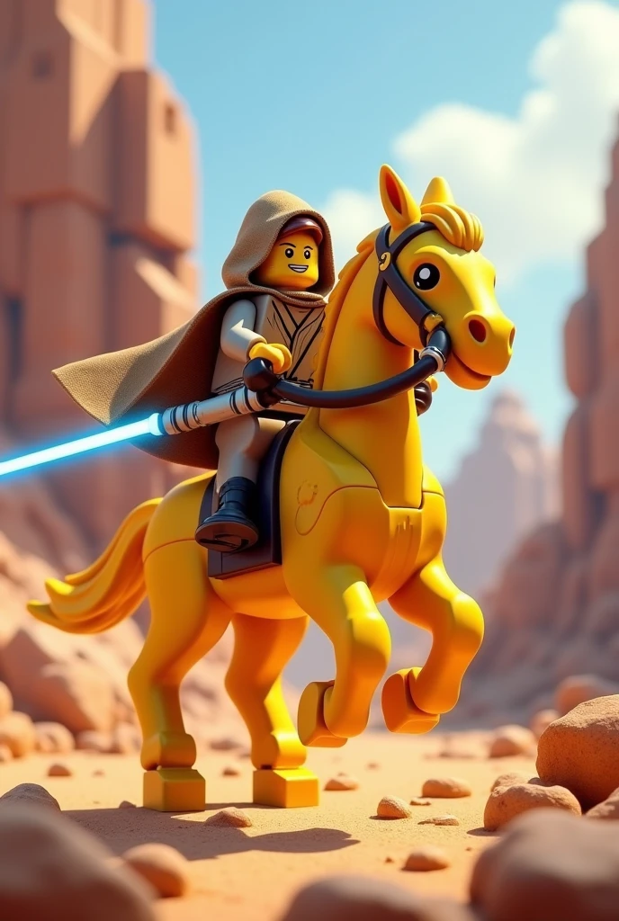 golden horse like a lego video game with a mounted jedai