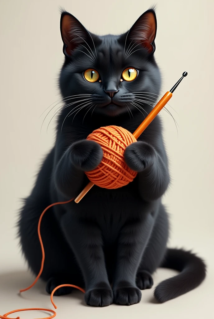 Realistic black cat logo holding a ball of thread and crochet hook
