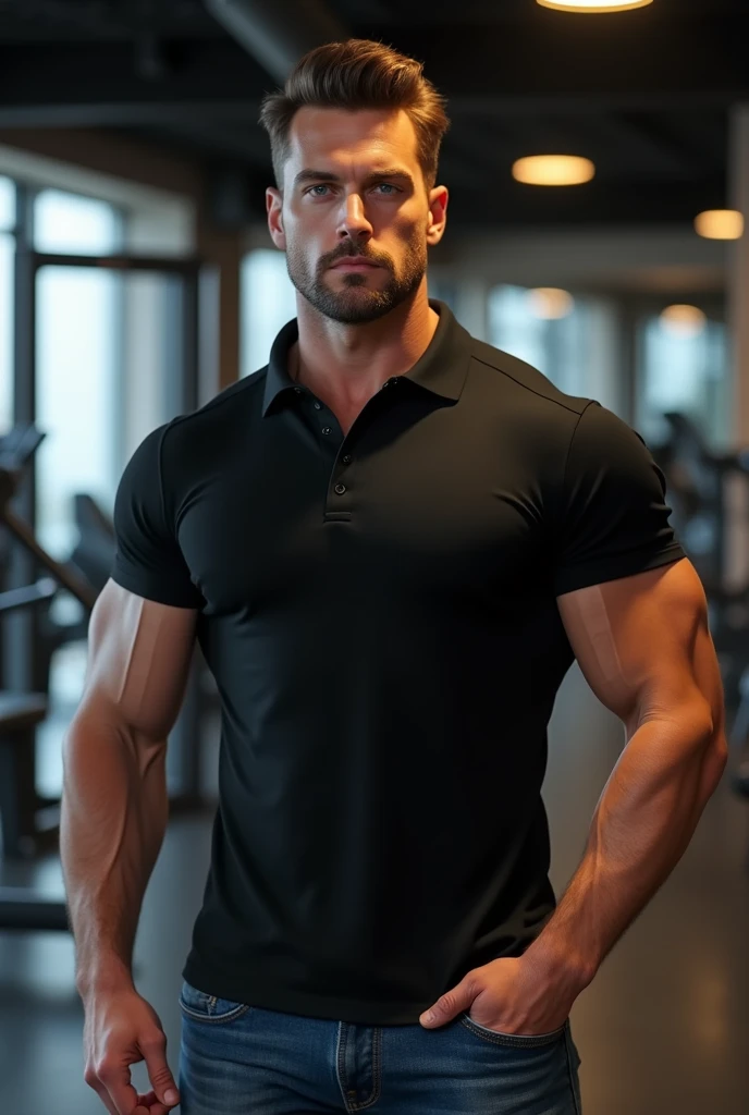 (photorealism: 1.2), Muscular man modeling a basic black polo shirt and looking good in a gym.