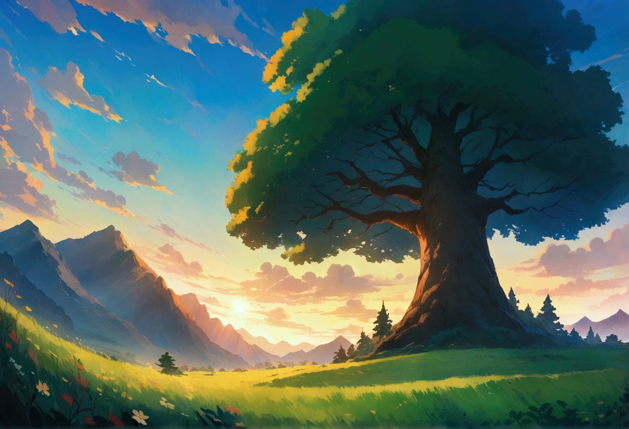 painting of a tree in a field with a mountain in the background, made of tree and fantasy valley, 8k high quality detailed art, whimsical fantasy landscape art, 4k highly detailed digital art, fantasy art landscape, beautiful art uhd 4 k, anime nature, 8k stunning artwork, 4 k hd illustrative wallpaper, anime landscape wallpaper, anime countryside landscape