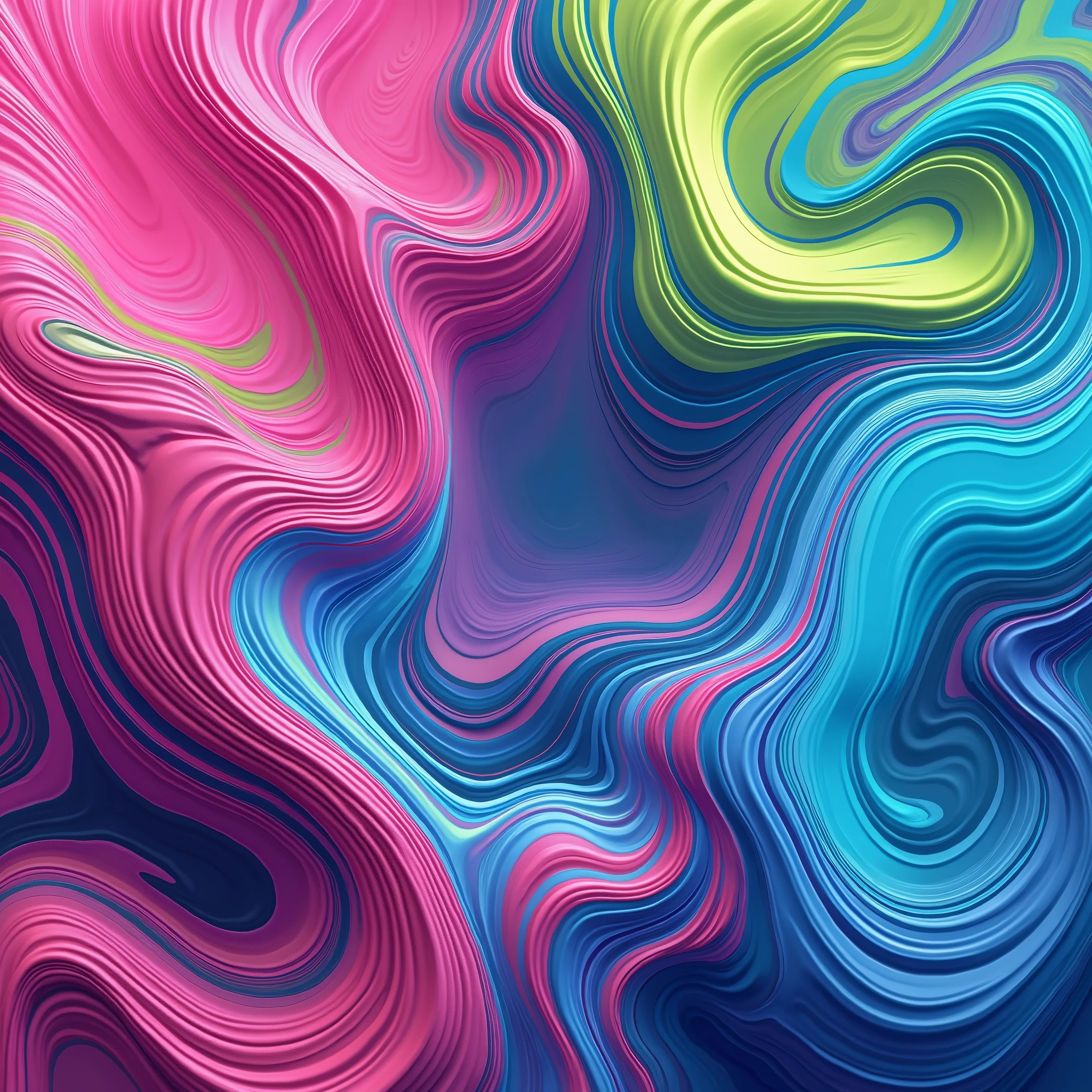 Design an abstract background with vibrant, psychedelic swirls of color that overlap and blend into each other. Use a bold palette of neon pink, electric blue, and lime green. The swirls should be fluid and dynamic, almost like liquid paint, with hints of metallic sheen for an eye-catching effect.