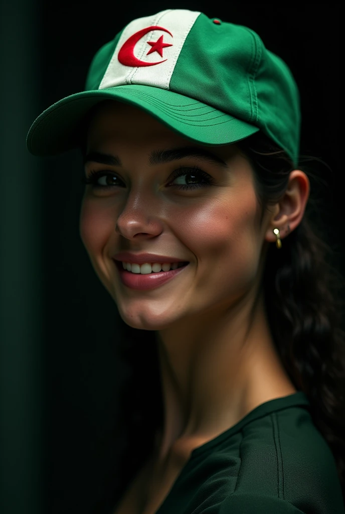 Woman wearing a baseball cap with the Algerian flag, (front focus)، (in the dark: 1.6)، صورة واقعية للغاية، ديفيد هوكني وألفونس موتشا، الفن الخيالي، ابتسامة ، صور واقعية، إضاءة ديناميكية، محطة فنية، ملصق، إضاءة حجمية، إضاءة جانبية، وجوه مفصلة للغاية، 4K، حائز على جوائز، امرأة واحدة in the dark، ظل عميق، مفتاح منخفض،