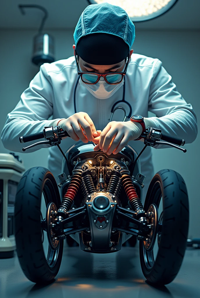 Logo of a doctor performing surgery on a motorcycle
