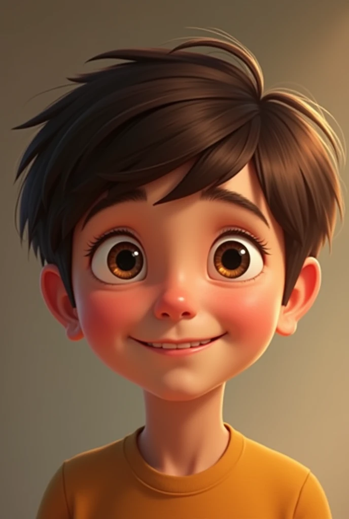 boy, short hair, straight brown hair, bangs, brown eyes, smile, big cheek, dick, disney