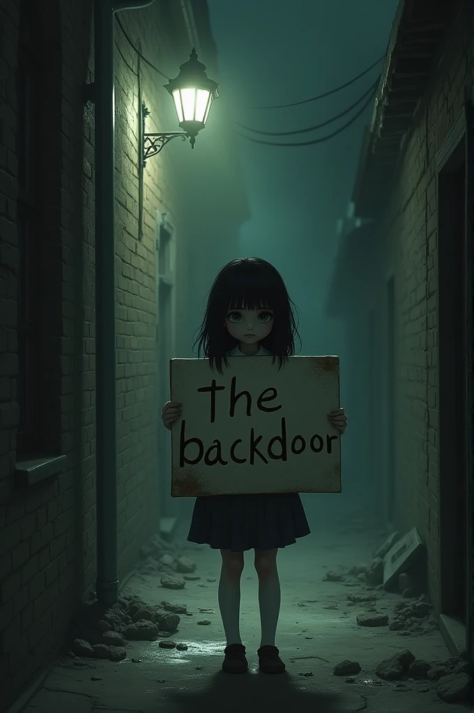 Girl with a sign that has the word, THE BACKDOOR