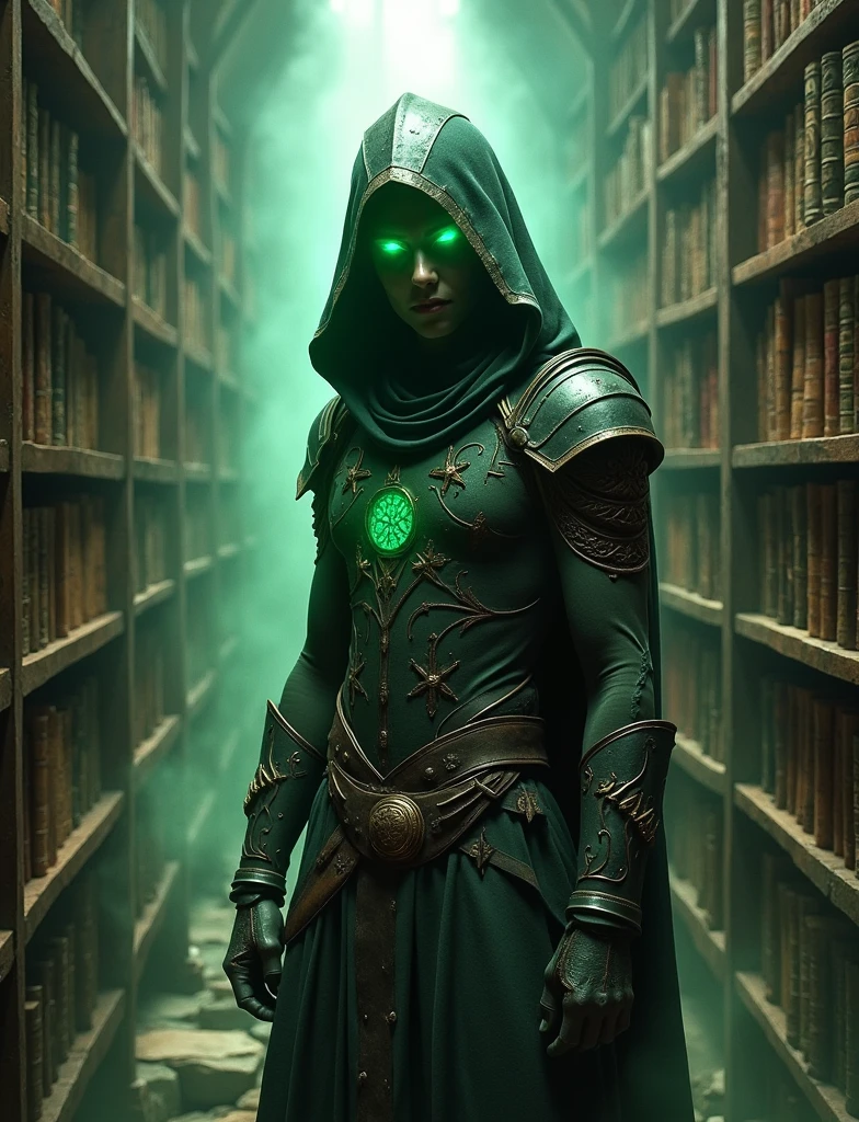  men warrior with and electric green eyes, thin armor and a hood in a magical library