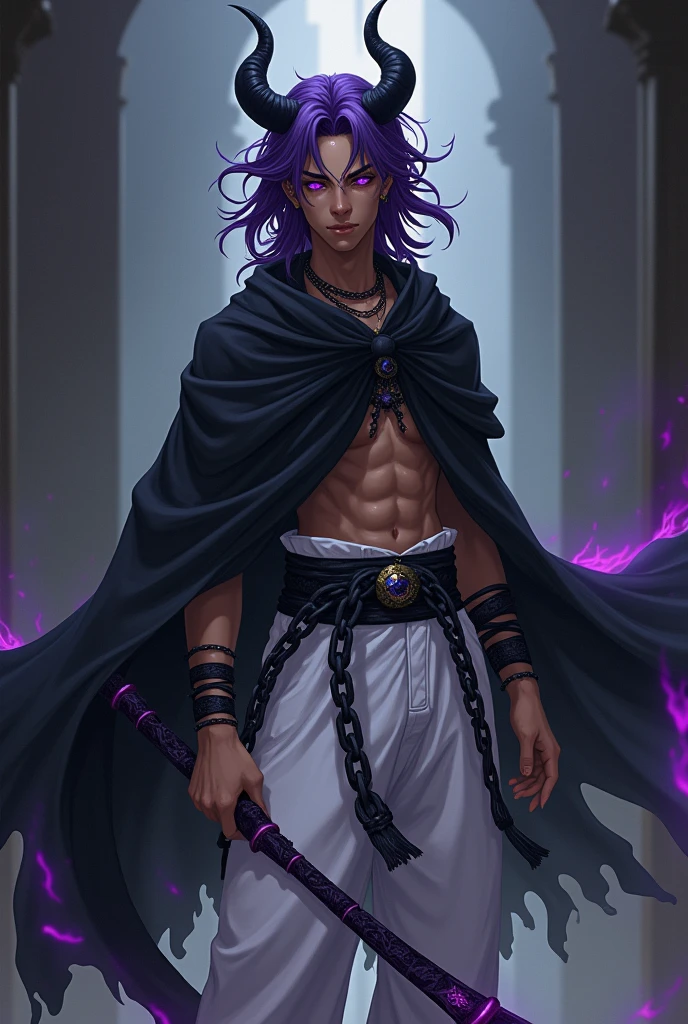 anime boy (dark fantasy) with purple dreads, purple eyes, brown skin, black horns and a black cloak and white martial arts pants  with black chains around him as he holds a purple scythe (full body)