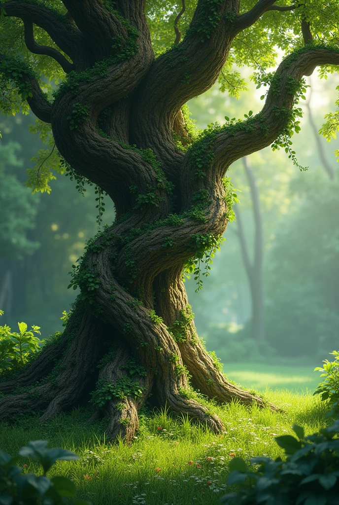 Png tree trunks with climbing vines twisted plant and green leaves in the grass area
