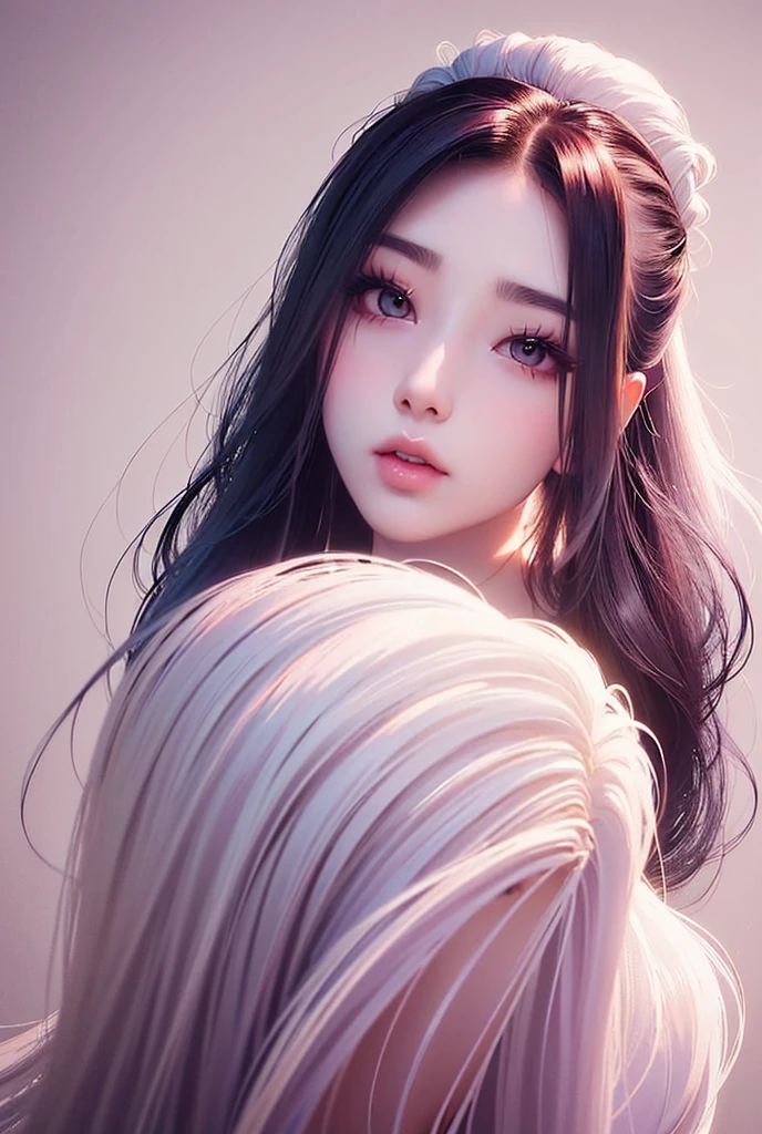A photogenic girl , KOREAN , 19yearsold , hair long black , slickedback hair ,wavy ends , bangss , from sideways , white corset with pastel pink and delicate details , Delicate expression , Make-up natural , soft lips , best quality undefined, undefined, undefined, undefined, 