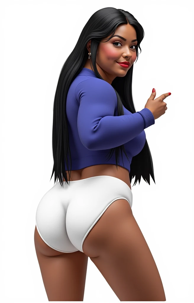 (masterpiece, best quality)), ((((perfect anatomy)))), Heavyset black woman with long black hair, dark eyeshadow, dark red lipstick, blue sweater, (((big white cotton panties))), big booty, smiling, (((photo realistic))), ((90's film, 90's movie scene, 90's TV Style))