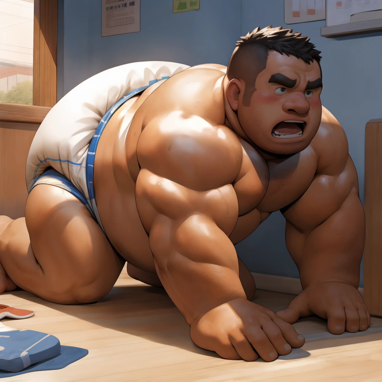 masterpiece, Top quality, in 32K, perfect anatomy, hyper detailed, super fine illustration, The thick man is a brutal prisoner, retarded, hairy human, 50yo in Japan, (fatness: 1.0), Fatty muscle, Bowleg, disappointment, incontinent, be diaper check by children, waddle, There is a small puddle under him, incontinent, Naked, short legs, Bowleg, spread legs, wear a White cloth Diaper, Bare belly, Bare legs, Bare foots, Bare soles, Shirtless, wide forehead and short thinning hair, Man with round face with stubble, Bare foots, Bare soles, shy, sissy, Weaker than children, Drool, Round face, steams, Solo, He enters nursery school and is despised by children, He surrounded by children, His bottom is wet, Bare foots, big butt, he is scolded by the children, White Diaper, He surrounded by children, sobbing, wear a White cloth Diaper, shirtless, There is a small puddle under him, He enters nursery school and is despised by children, big butt, sobbing, He crawling to go to children, on all fours, side view