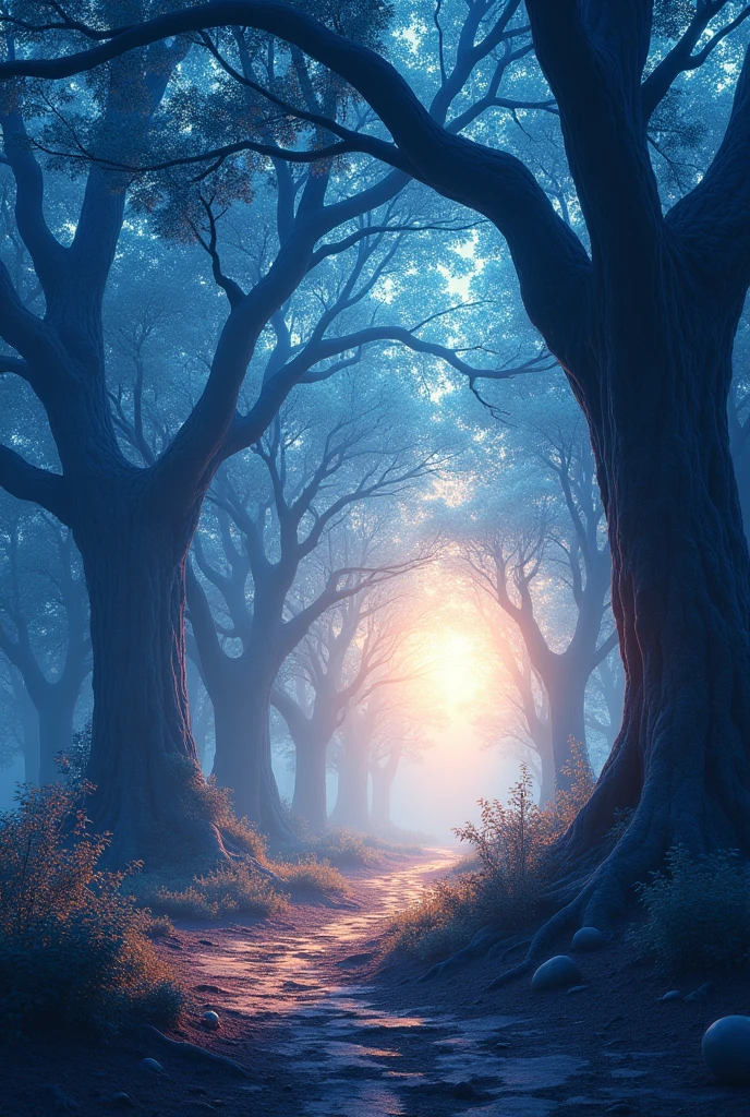 scenography, Oaks Forest, sky blue leaves, Sunset, energy particles