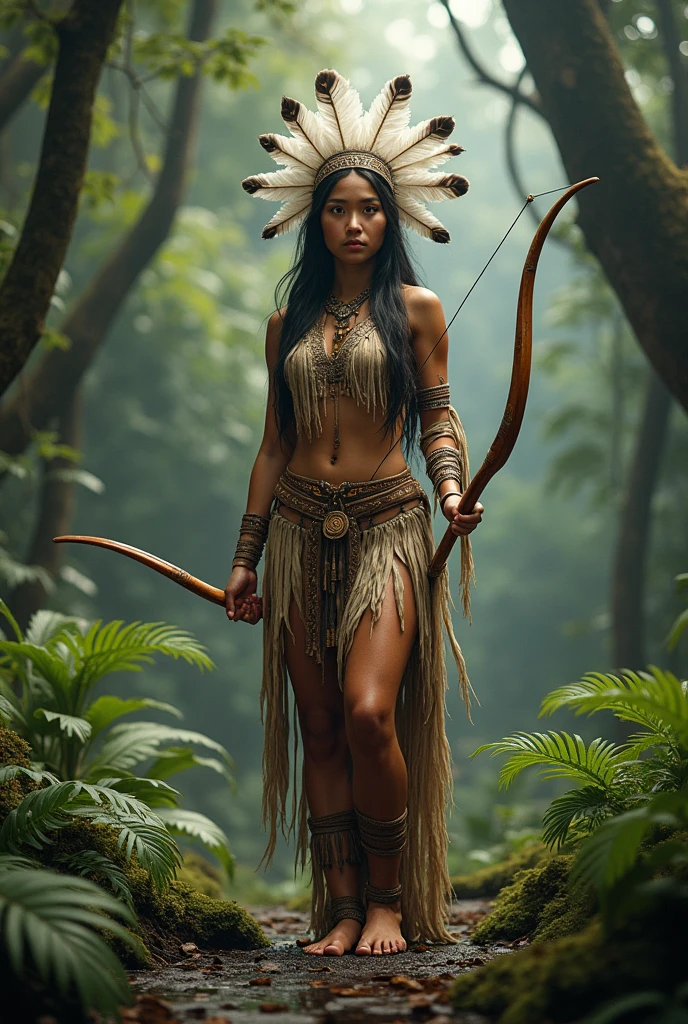 (photorealism 1:2) full body indigenous woman, holding bow and arrow in the woods. show this woman's feet. feather garments.