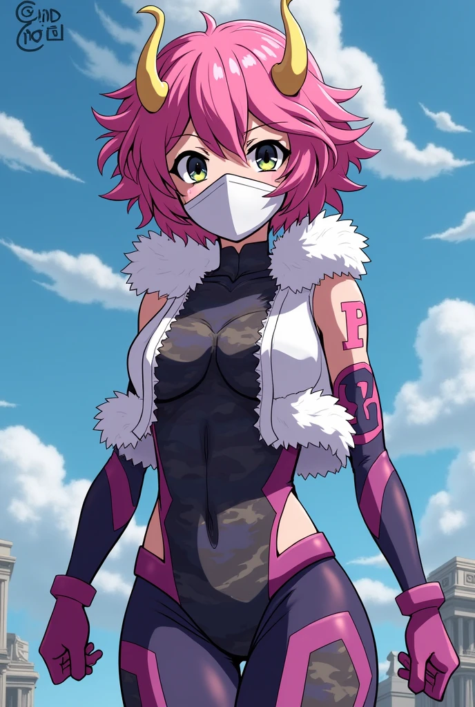 Mina is a girl of average height, possibly a bit wider than some of her other classmates, with, according to her profile, "healthy thighs". Due to her Quirk, her skin is a light shade of pink, and she has somewhat square eyes with black sclera and yellow irises, and notably long eyelashes below and around the sides of her eyes. Minoru Mineta comments that "she has a super athletic body". Her face is framed by short, fluffy, unruly hair, which is pinkish, slightly darker than her skin. She has two thin, light yellow horns protruding from her head, curved into a hook-like shape and slanting diagonally to opposite sides, which appear to be slightly flexible, being able to bend slightly to either side. During school hours, she wears the normal UA female uniform. During the Final War, Mina pushed her acid viscosity to the max, whic? resulted in her horns growing in length and smoothing out, while the skin on the left side of her body became lighter due to overuse of Acidman: Soul. Her hero costume consists of a plain white mask over her eyes, with a tight-fitting purple and turquoise camouflage-patterned bodysuit ending just above her breasts. Over this, she wears a short, sleeveless, bronze-colored vest with white fur along the collar, which she leaves unbuttoned. She wears custom-made beige and plum-violet acid-proof boots with holes in the soles, which allow her to secrete acid from her feet to glide around. The winter version of her costume is very similar, with the only difference being that she replaces her usual vest with a slightly longer one with elbow-length sleeves. A large hexagonal patch with a purple letter 'P' (which stands for "Pinky", Mina's hero name) is sewn onto the shoulder of each sleeve. The fur lining of the collar is also thicker and wider, reaching to the chin, and is joined in the center by two fasteners instead of being undone like the rest of his jacket.