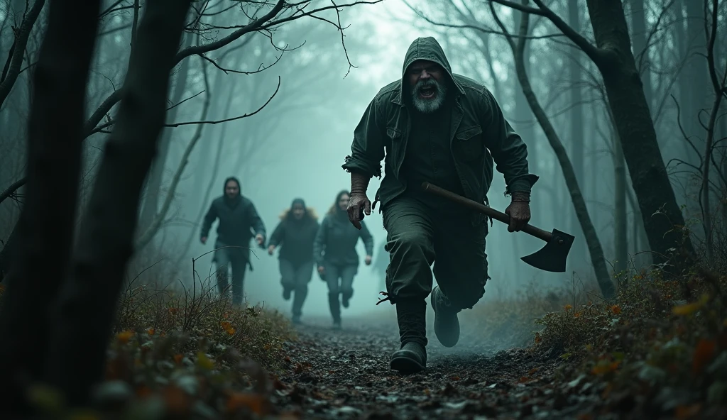 make a haunted forest, extremly scary,dark and somber tones, a mysterious lumberjack is chasing a group of people in the forest, these people are running desperately, he is trying to kill them with his axe, extremely detaild, photoshot_\( ultra\), photoshotrealisitic, realisitic, Post-processing, Maximum details, roughness, real-life, ultrarealisitic, photoshotrealism, photoshotgraphy, 8k hd, photoshotgraphy
