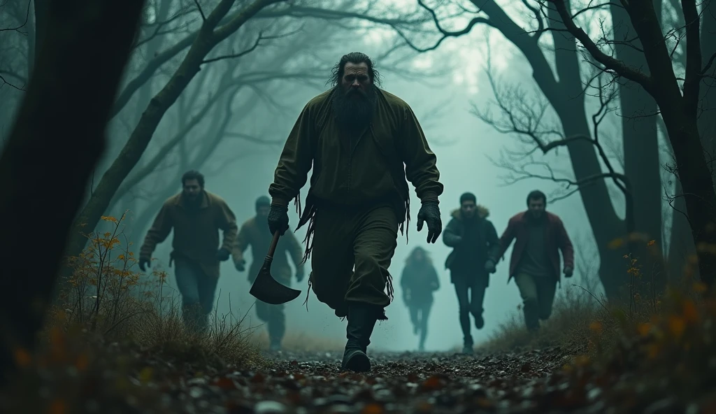 make a haunted forest, extremly scary,dark and somber tones, a mysterious lumberjack is chasing a group of people in the forest, these people are running desperately, he is trying to kill them with his axe, extremely detaild, photoshot_\( ultra\), photoshotrealisitic, realisitic, Post-processing, Maximum details, roughness, real-life, ultrarealisitic, photoshotrealism, photoshotgraphy, 8k hd, photoshotgraphy