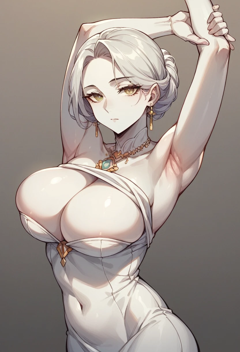 Nice face,Adult,Coquettish,mature,,Elegant,Android、White skin、holding breasts, breasts lift, stretching arm toward viewer、Expressionless、