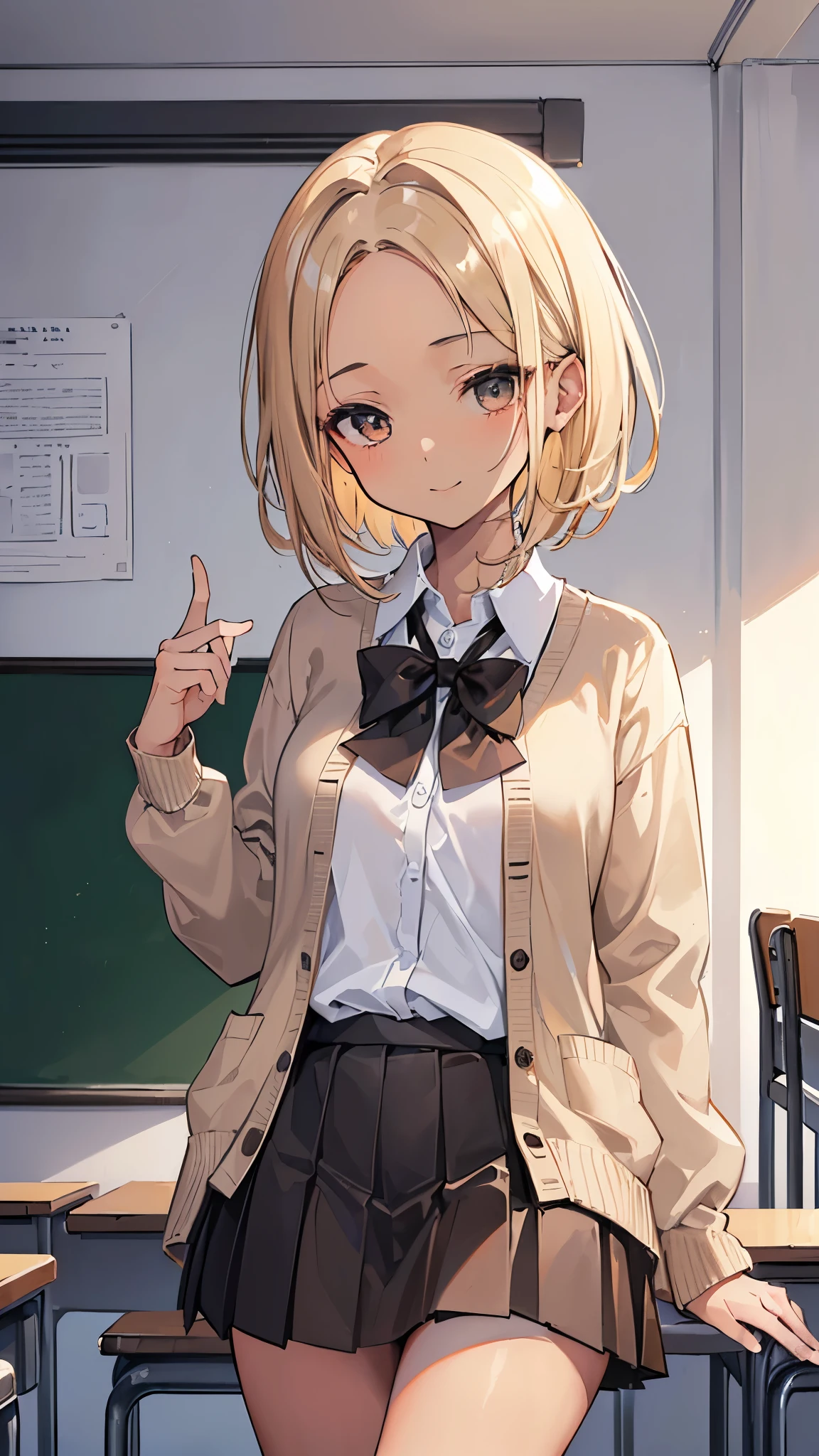 ((masterpiece、Highest quality、Very detailed))、One girl、((Brown skin:1.3))、Blonde、short hair、forehead、Grey Eyes、evil smile、Moderate breasts、((White collared shirt))、((lightbrown cardigan))、((Black pleated skirt))、((micro miniskirt))、Cowboy Shot、Classroom Background