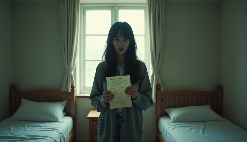 Create a realistic image. A quiet dormitory room at dawn, bathed in the soft light of early morning. The bed is neatly made, but the room feels eerily empty. A young woman stands alone, holding a note with a look of shock and confusion on her face. The note is written in a familiar handwriting, and the room, though peaceful, carries a lingering sense of dread and unresolved mystery."