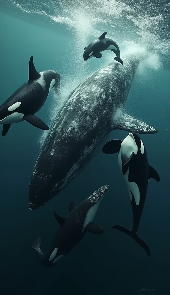 Several orcas attacking a large whale, modern day, in the ocean, the orcas strategically position themselves around a massive gray whale, aggressive pursuit captured mid-action, deep sea with shadows in the background, dynamic close-up, hyper-realistic, photo realism, cinematography --ar 9:16.