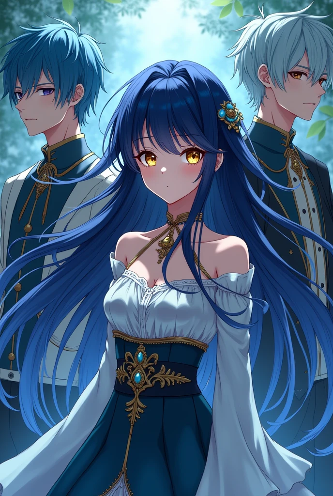 Dark Blue hair and golden eyes anime girl with two l blue hair men