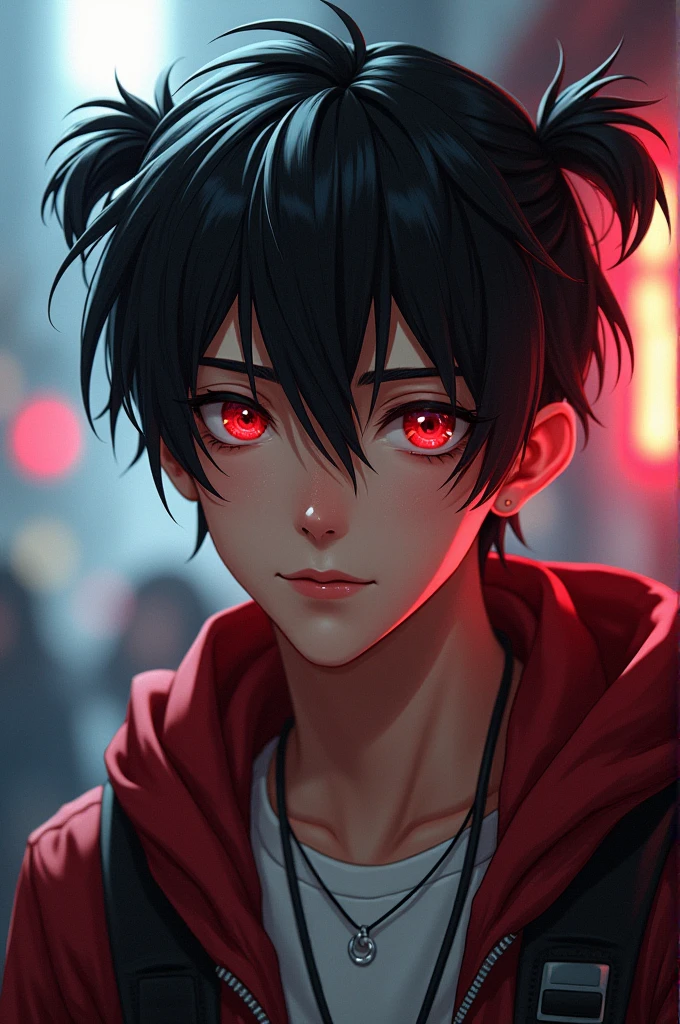 Male,black hair,ponytails,social clothes,red eye