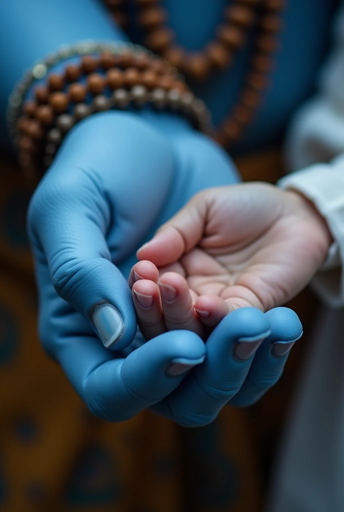 Close up photo of one hand of Shiva's blue hand having rudraksha maala around it grabbing eachother a 's (10 years) owith dark blur background. Image signifying shiva helping the child