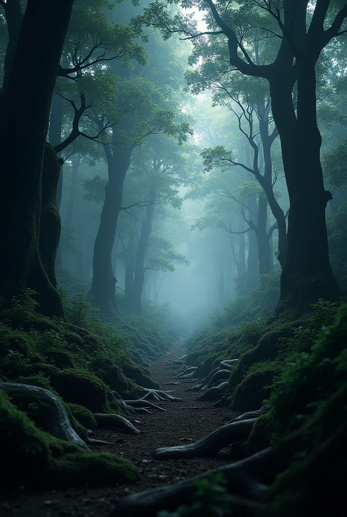 Generate for me a 3d 4k dark forest movie scene realistic setting with lights and smoke effects 